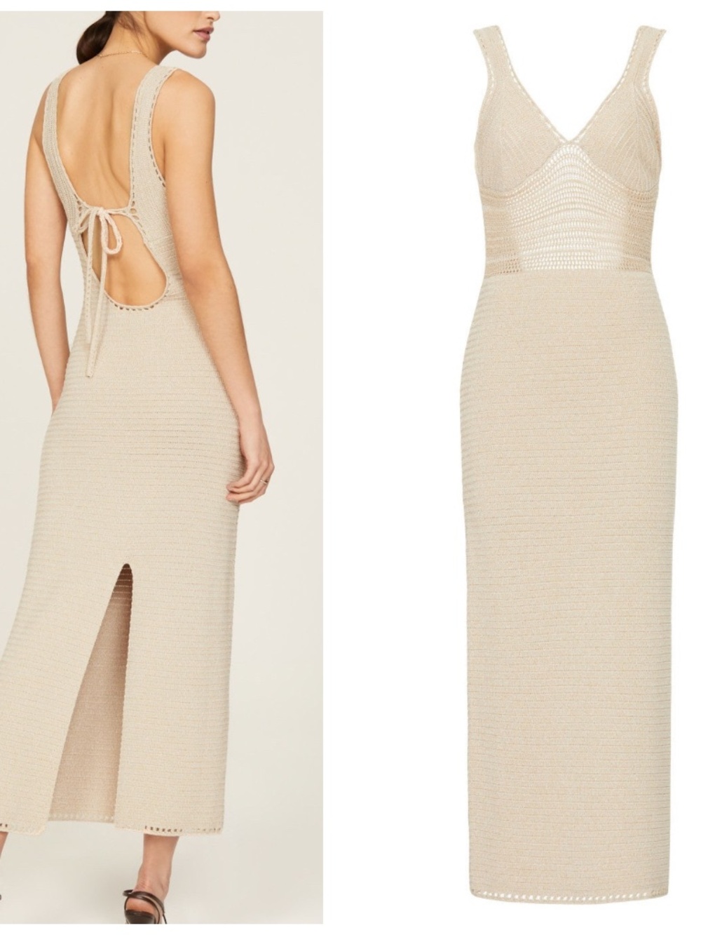 Ronny Kobo Tan Crochet V-Neckline Knit Open Back Dress - Size Small
